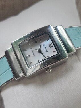 Gossip Women Wristwatch Cuff Band Bracelet Blue/Silver Tone Analog Quartz Watch